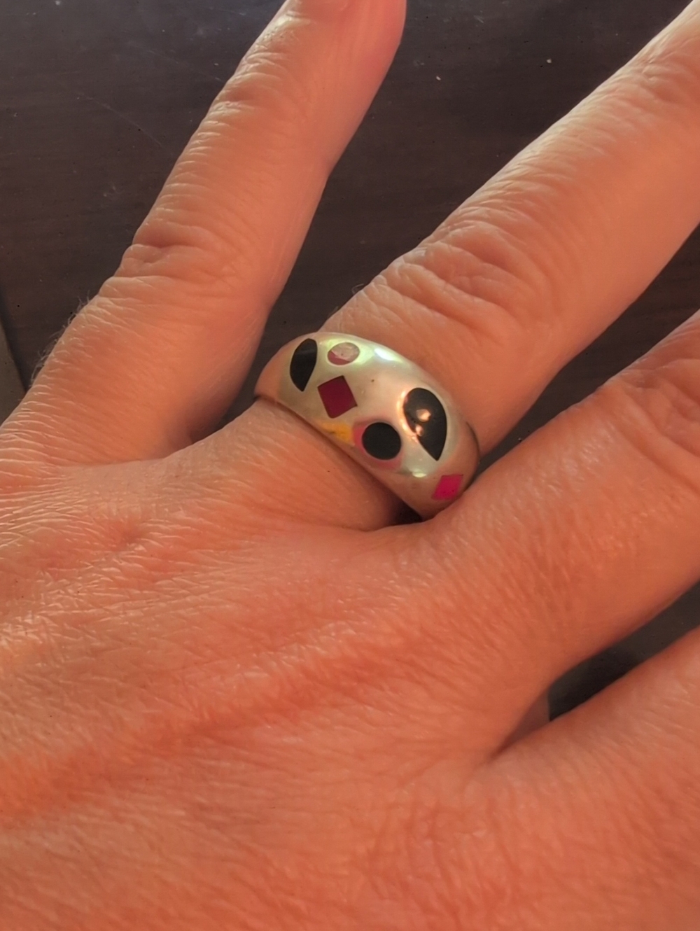 Silver Inlay Geometric Accent Ring - Multicolored